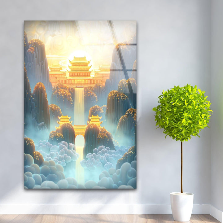 Majestic Golden Chinese Structure Glass Wall Art