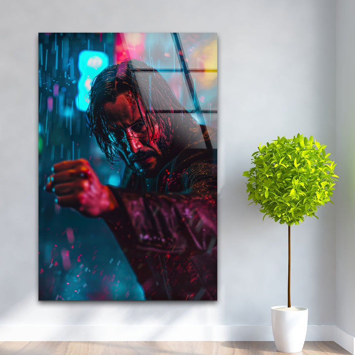 John Wick Neon City Glass Wall Art custom glass pictures, glass art prints
