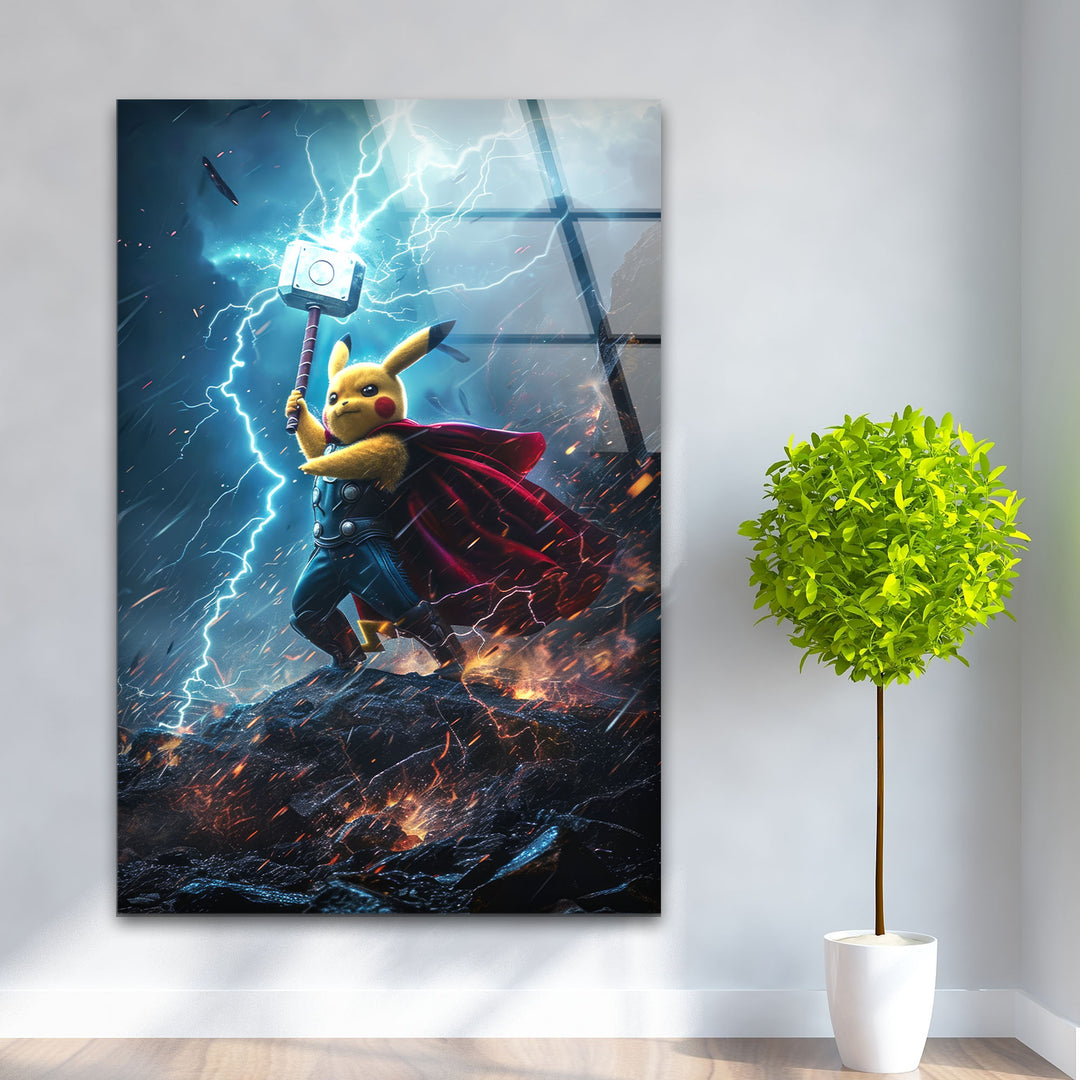 Pikachu Thor Glass Wall Art custom glass pictures, glass art prints
