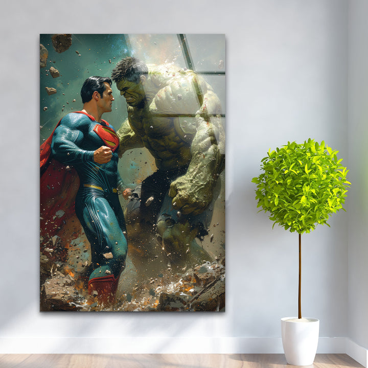 Hulk vs Superman Glass Wall Art, custom glass photo prints, large glass prints