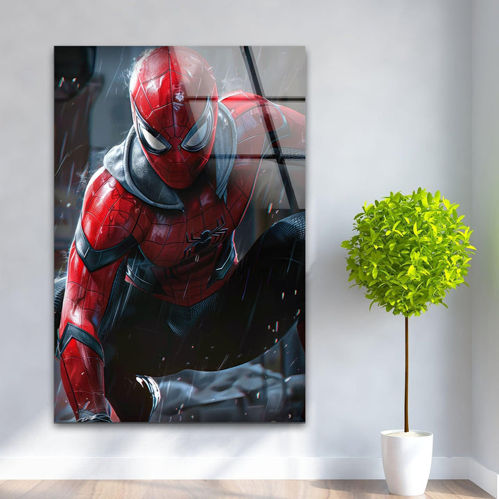 Spider-Man in the Rain Glass Wall Art, large glass photo prints, glass wall photos