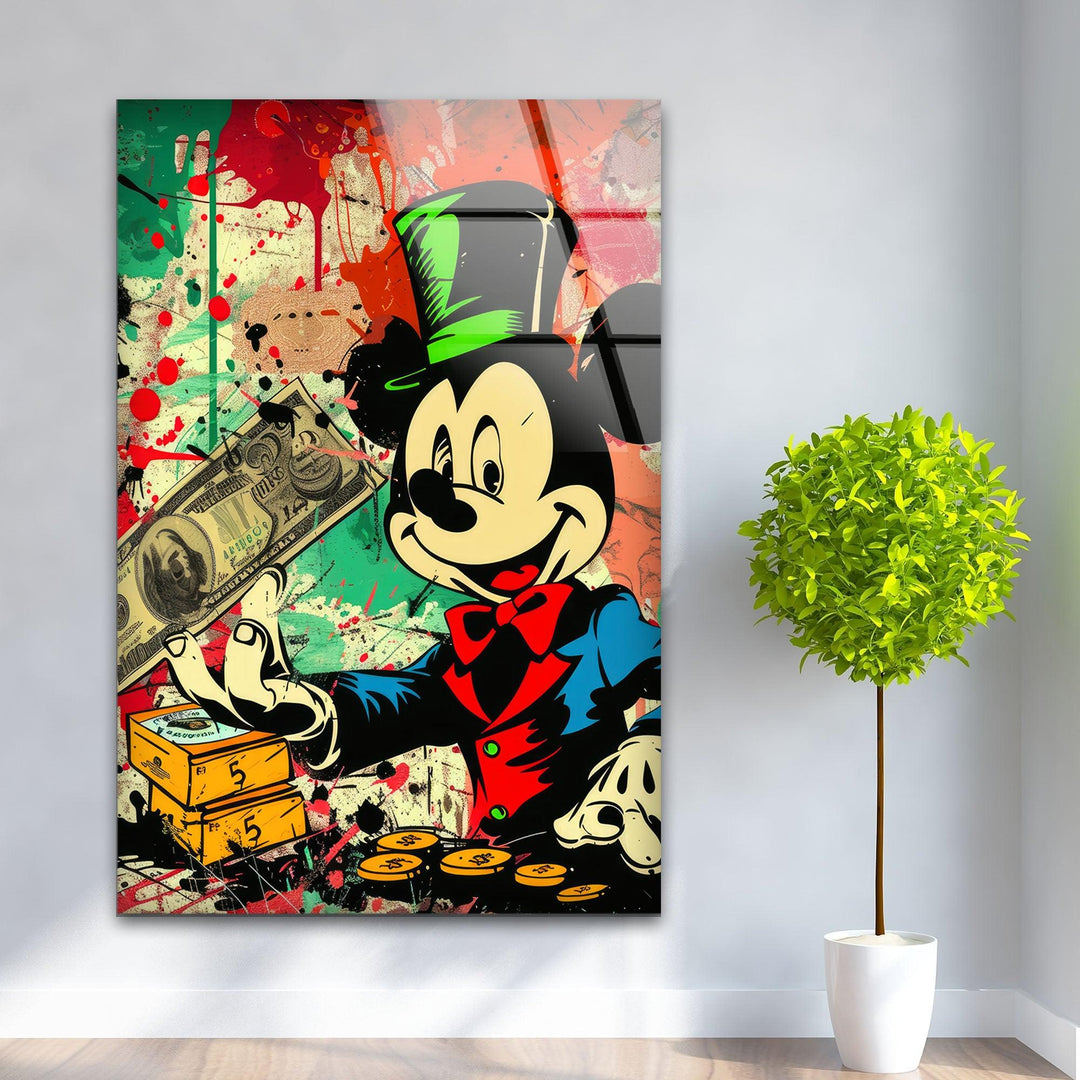 Mickey Mouse Dollars Glass Wall Art, glass art painting, glass art for the Wall