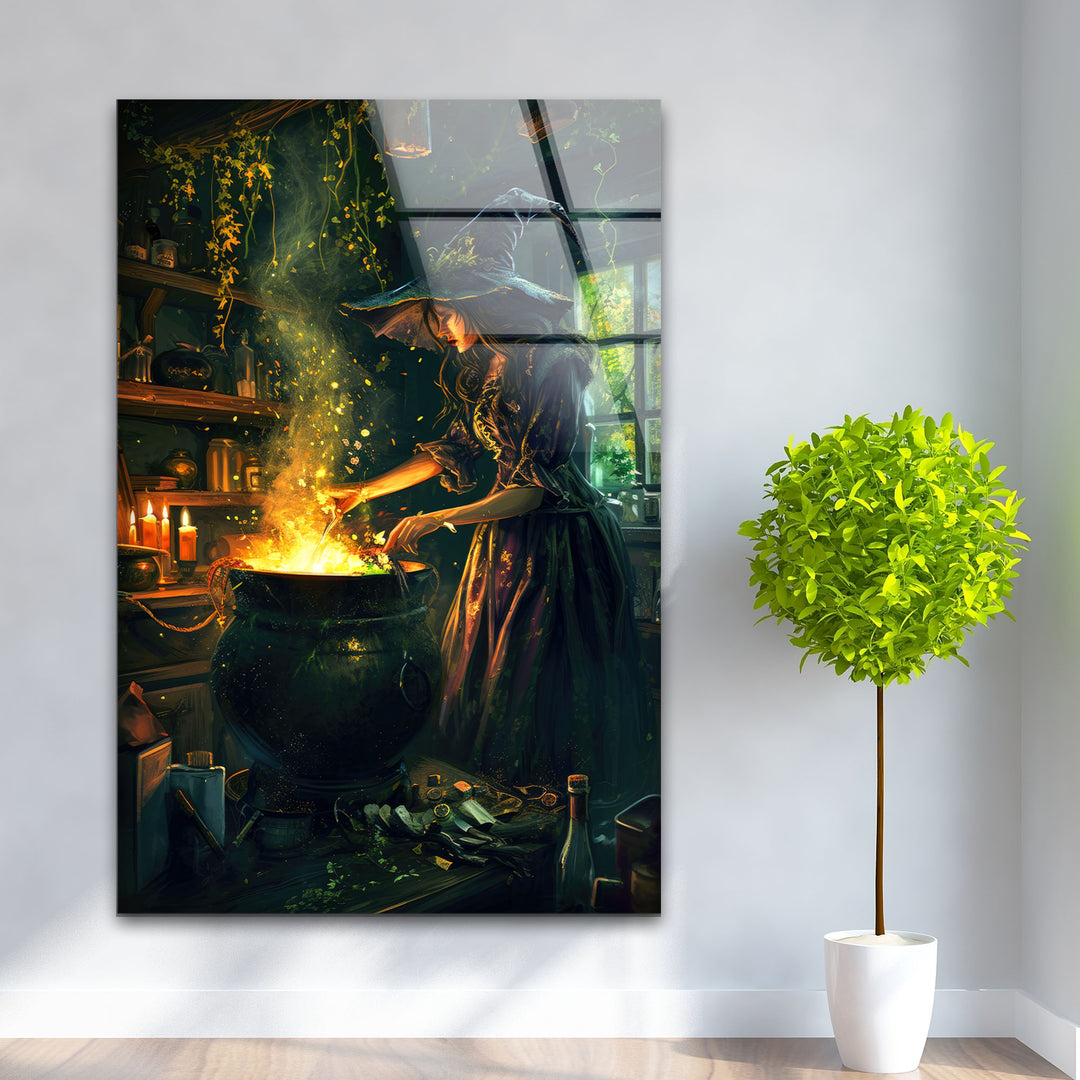 Witch and Her Cauldron Tempered Glass Wall Art