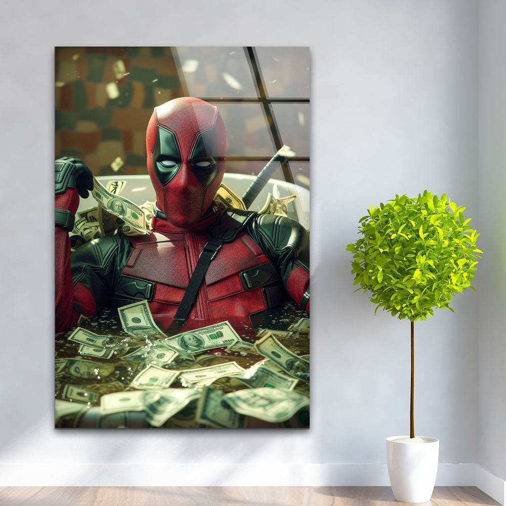 Marvel Deadpool Dollars Glass Wall Art glass photo prints, glass picture prints
