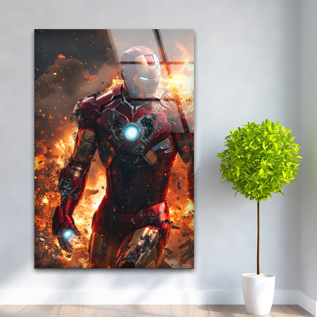 Iron Man Fire Glass Wall Art custom glass pictures, glass art prints
