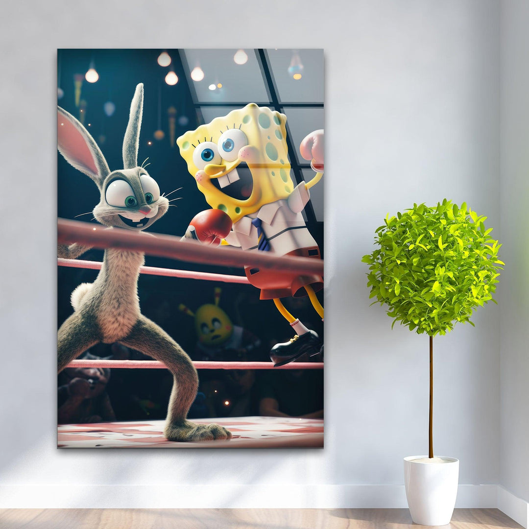 SpongeBob vs Bugs Bunny Glass Wall Art, photo print on glass, prints on glass wall art