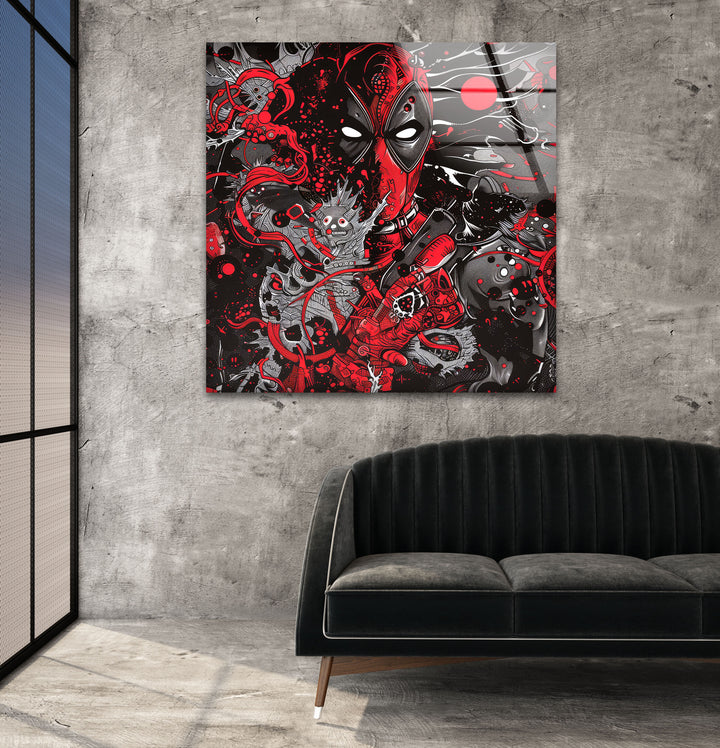 Illustration of Deadpool Glass Wall Art print picture on glass, Tempered Glass Wall Art
