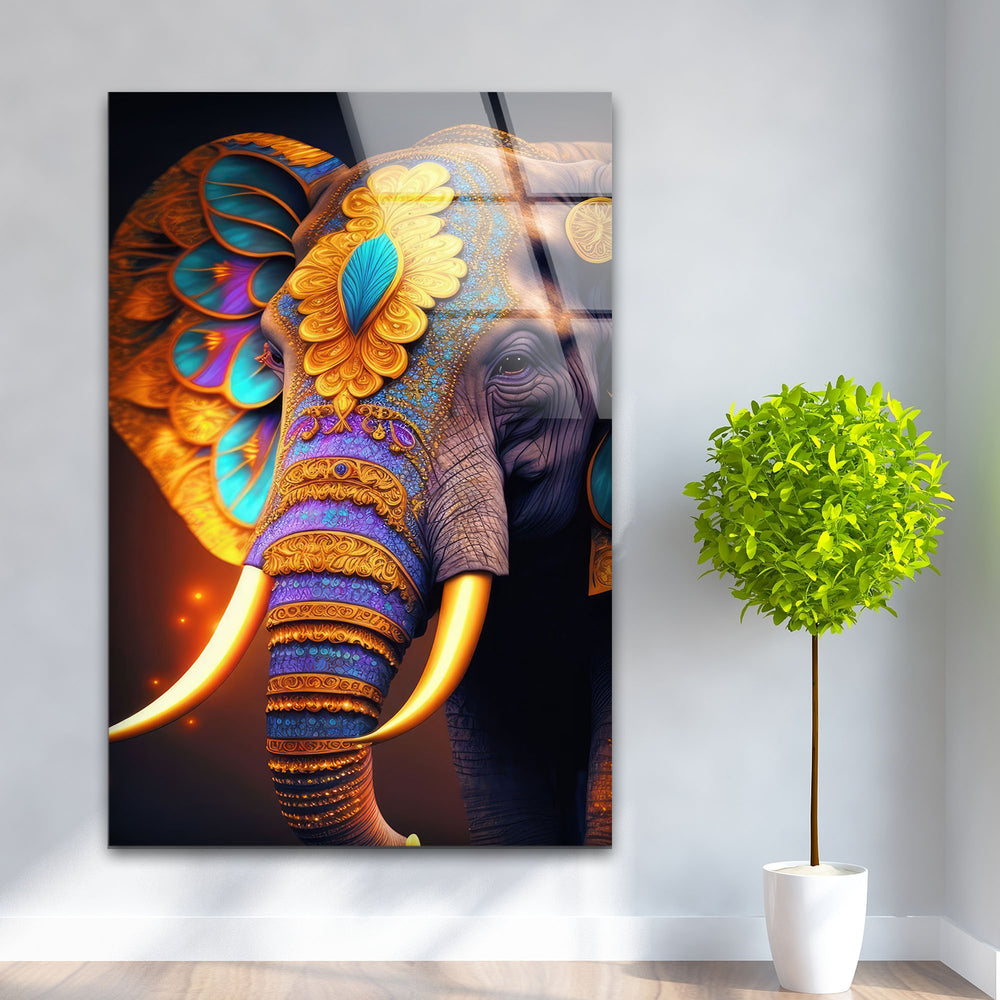 Colorful Indian Elephant Photo on Glass Home Decor