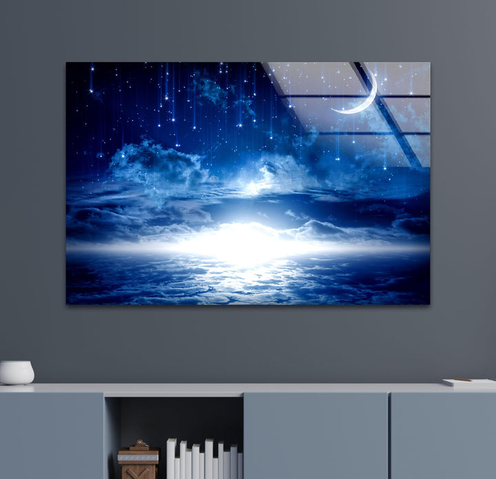 Starry Night Sky Moon Glass Wall Art, glass photo prints, glass picture prints