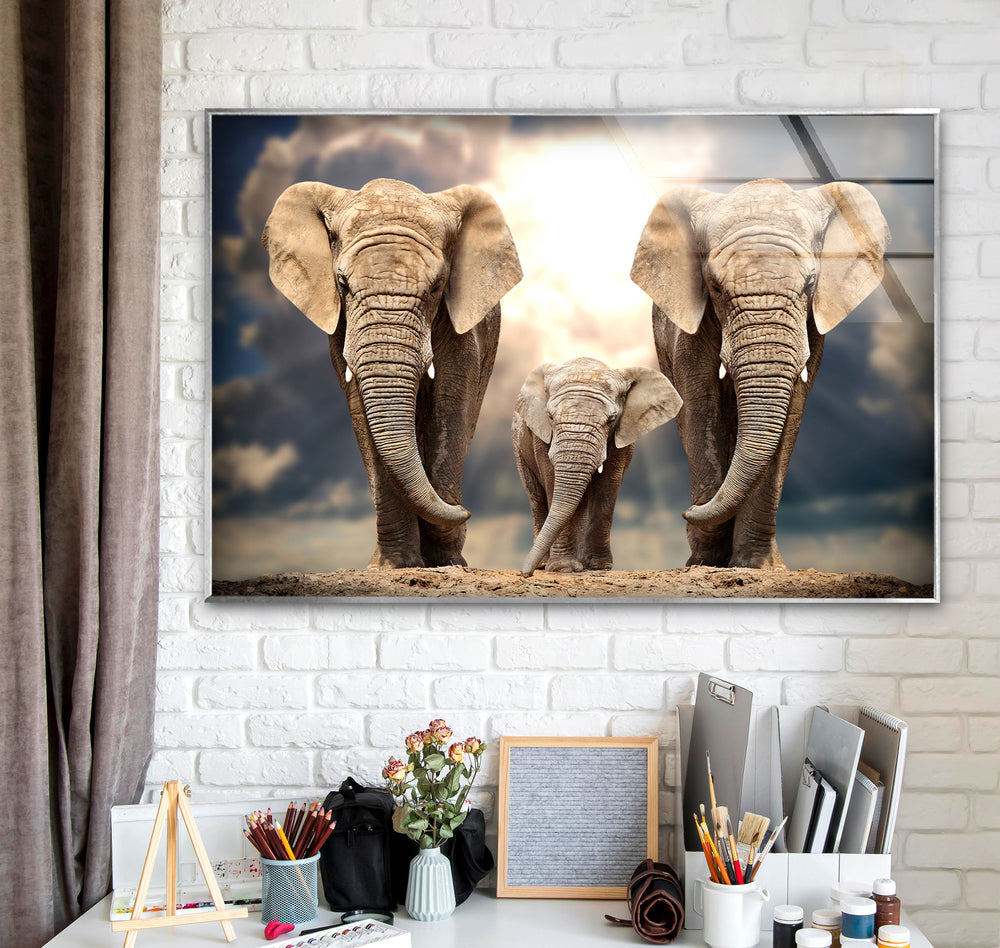 Safari Elephant Family Glass Wall Art custom glass photo prints, large glass prints