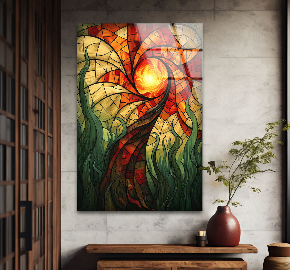 Stained Abstract Tree Glass Wall Art, picture on glass wall art, photos printed on glass