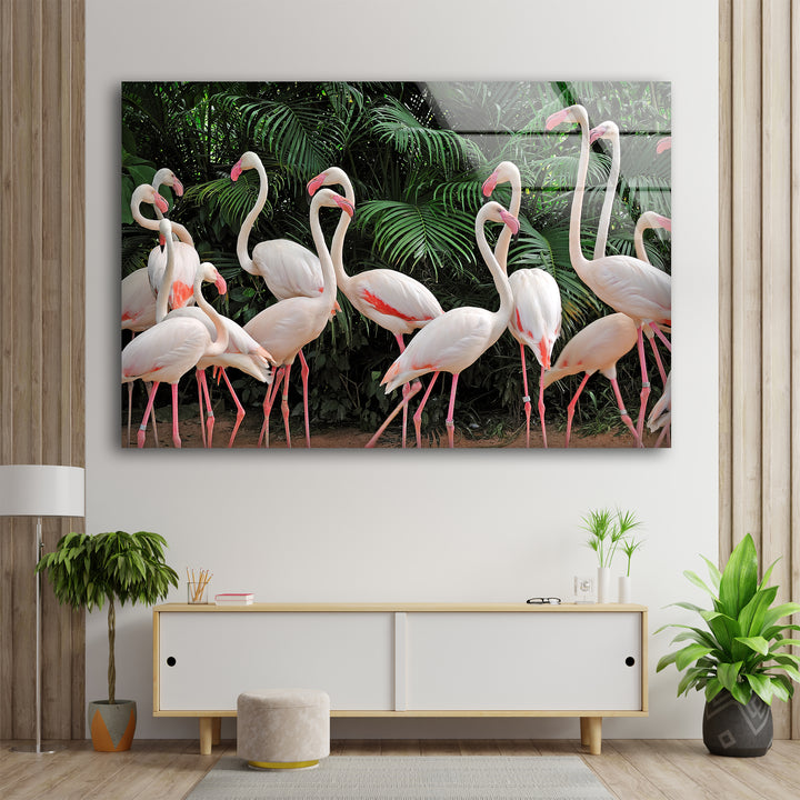 Group White Flamingos Glass Wall Art photo print on glass, prints on glass wall art