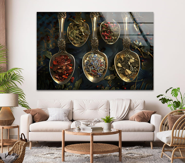 Spices On Rustic Spoon Glass Wall Art, stained glass wall art, stained glass wall decor