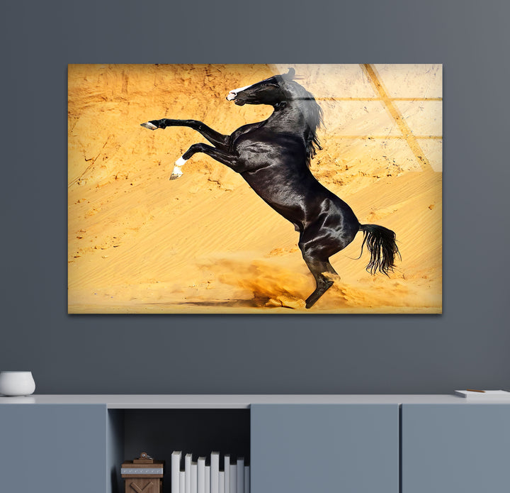 Black Horse on Desert Glass Wall Art glass pictures for Wall, glass prints wall art