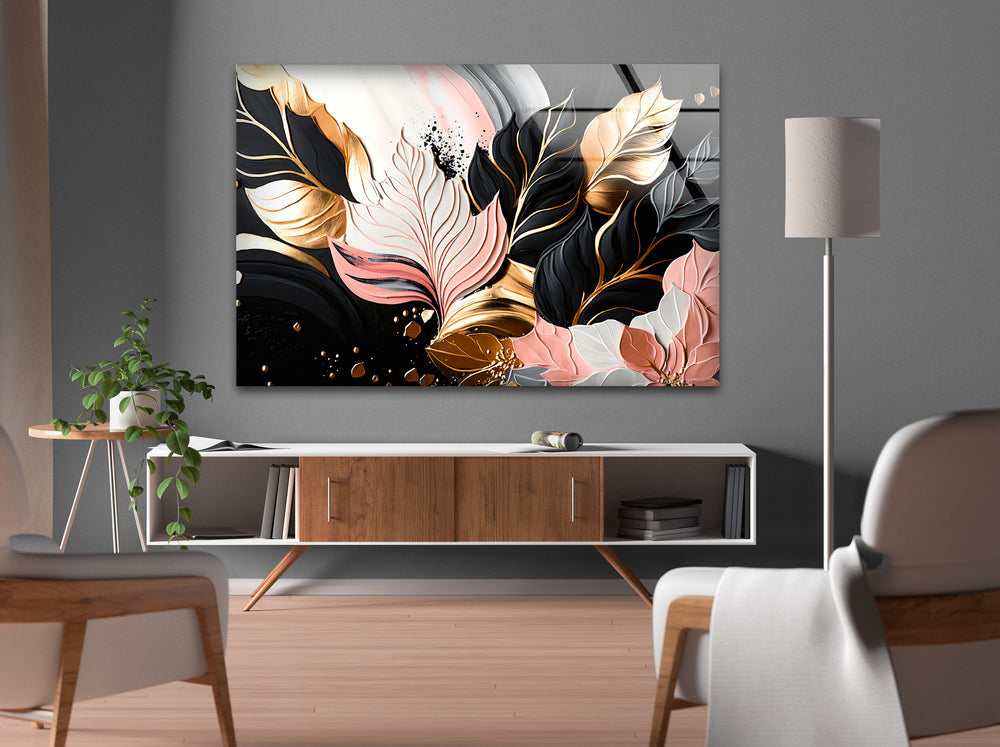 Abstract Pink-Gold Leaf Glass Wall Art, glass wall decor, glass wall art decor