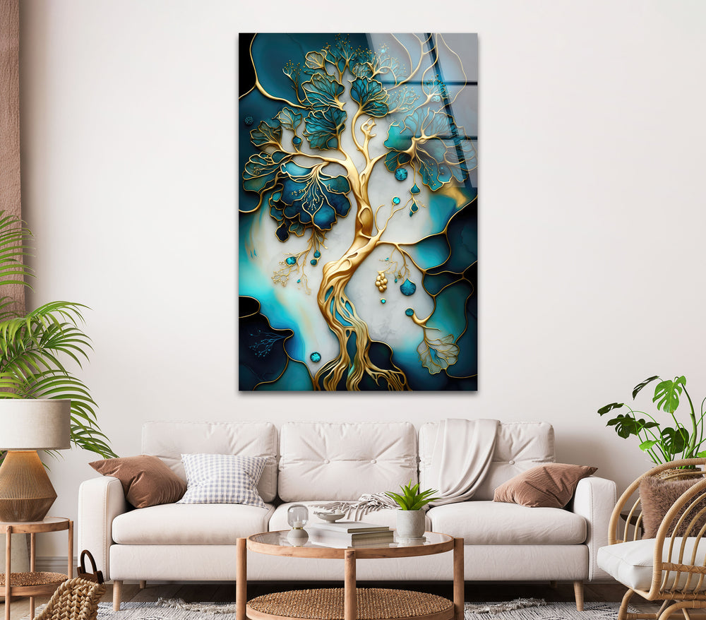 Abstract Golden Tree-Roots Glass Wall Art, glass wall decor, glass wall art decor