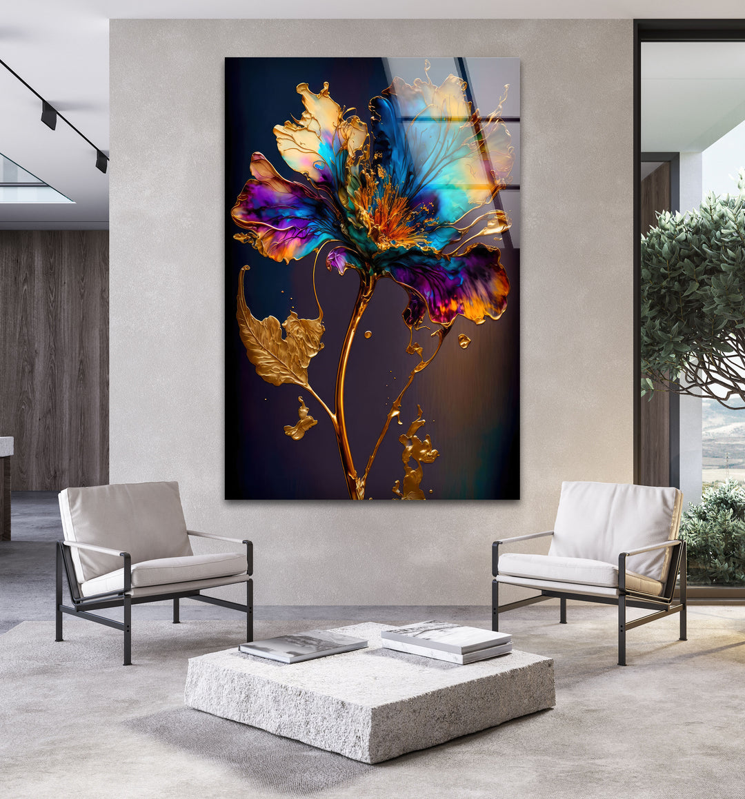 Gold Abstract Flower Glass Wall Art, custom glass photo prints, large glass prints