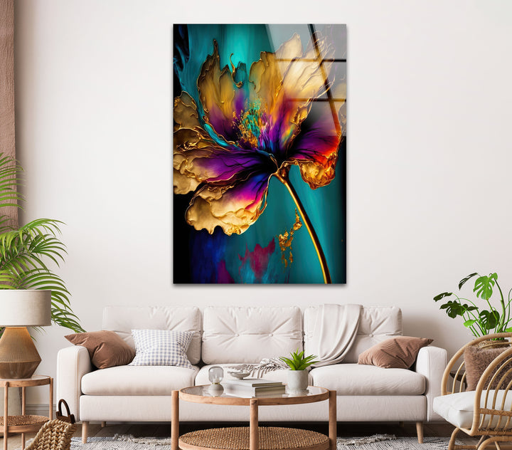 Gold Abstract Flower Glass Wall Art, glass wall decor, glass wall art decor