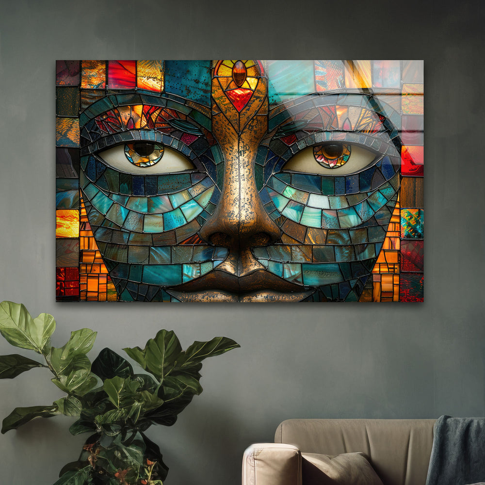 Mosaic Face with Colorful Eyes Modern Glass Wall Art & Cool Prints