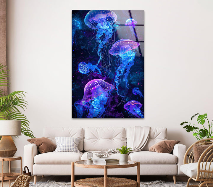 Glowing Jellyfish Glass Wall Art glass image printing, glass prints from photos