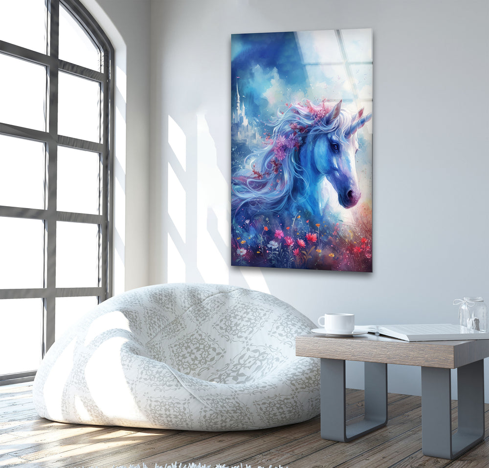 Unicorn with Flowers Glass Wall Art glass art painting, glass art for the Wall