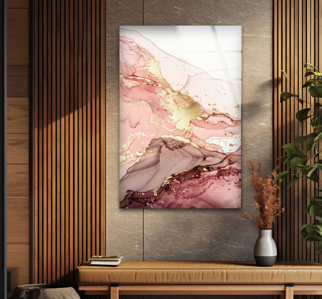 Gold and Pink Alcohol ink Glass Printing Wall Art