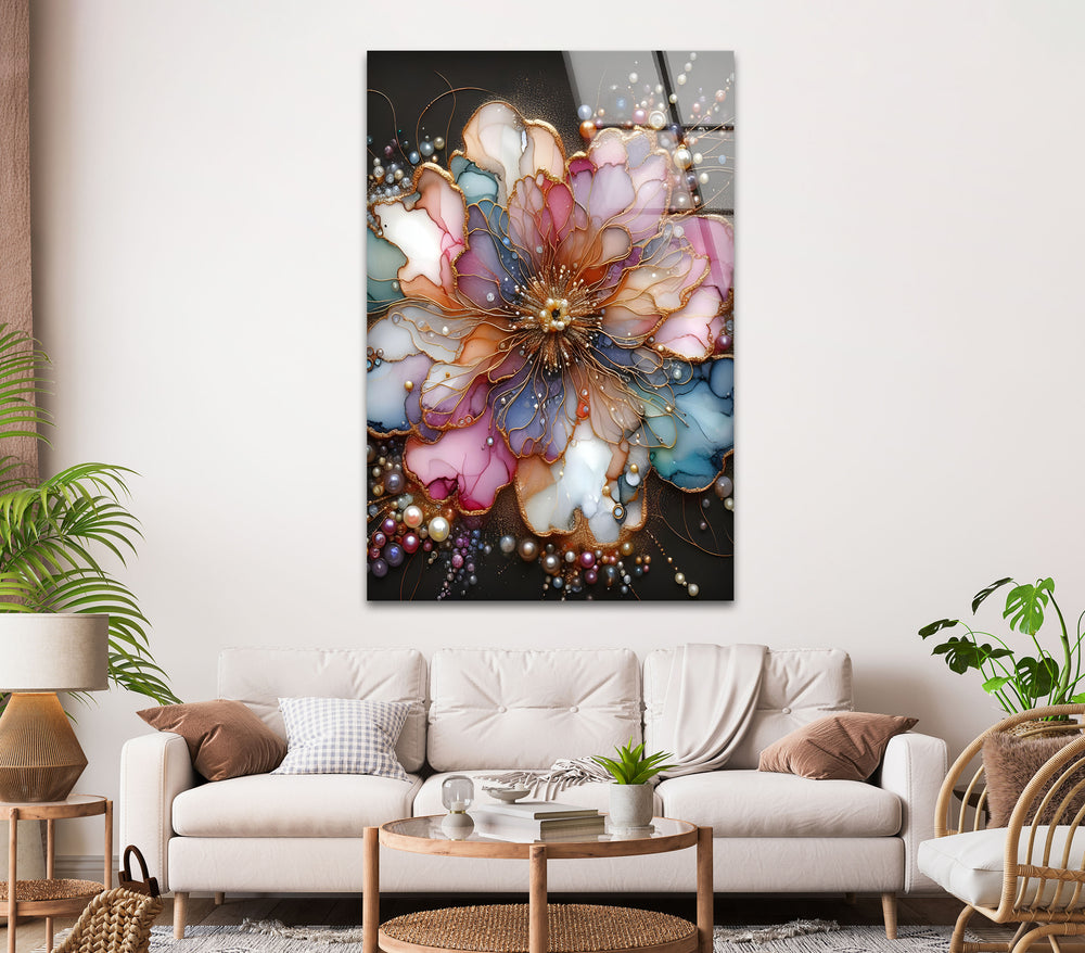 Abstract Flower With Pearl Glass Wall Art, glass wall decor, glass wall art decor