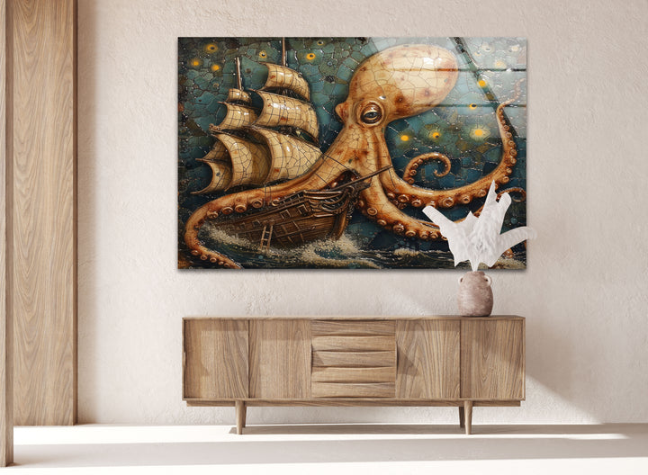 Octopus Captured Ship Glass Wall Art             glass wall decor, glass wall art decor