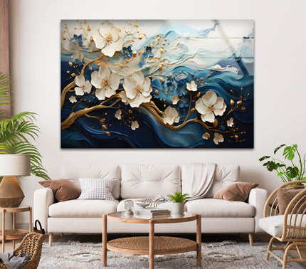 Blue Abstract Gold Floral Glass Wall Art