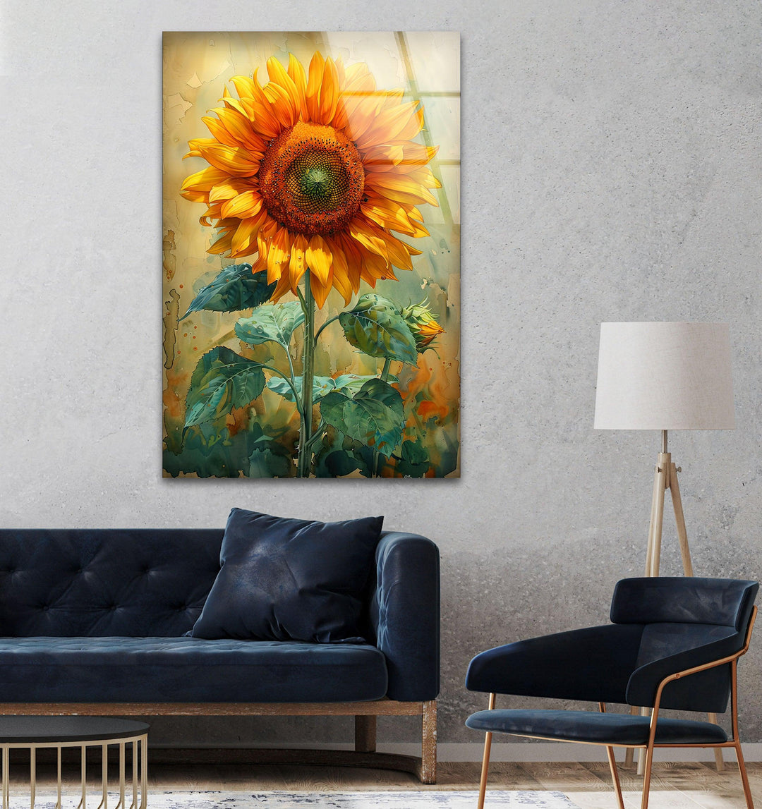 Watercolor Sunflower Glass Wall Art, glass art painting, glass art for the Wall