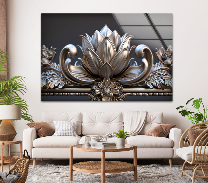 Silver Flower Glass Wall Art, picture on glass wall art, photos printed on glass