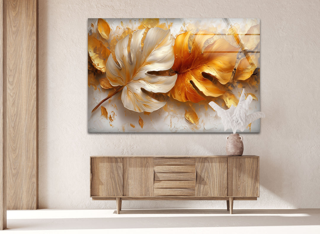 Golden Leaves Glass Wall Art, glass art painting, glass art for the Wall