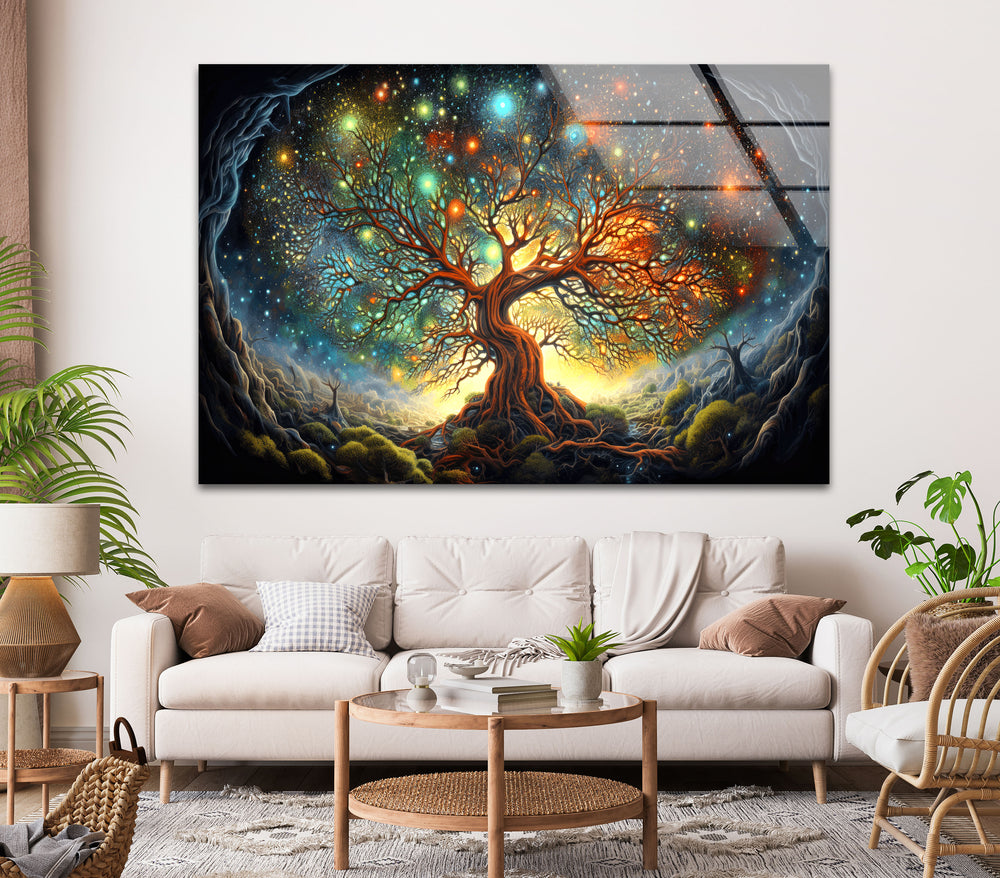 Tree With Stars Painting Glass Wall Art, glass wall decor, glass wall art decor