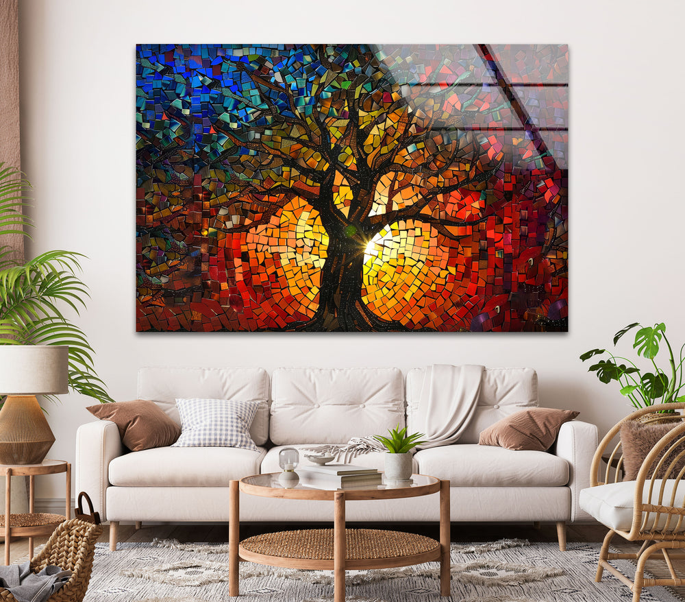 Life of Tree Red & Blue Glass Wall Art picture on glass wall art, photos printed on glass