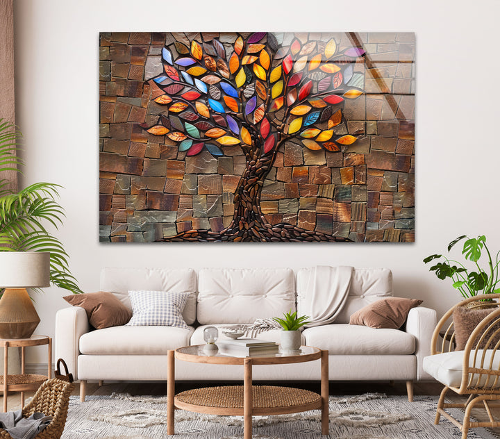 Mosaic Tree of Life Brown Glass Wall Art photo print on glass, prints on glass wall art