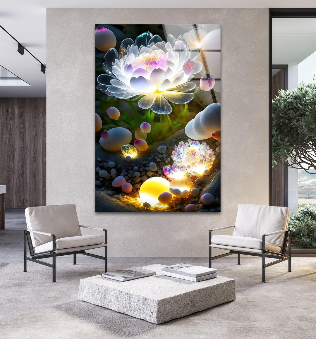 Glowing Lotus Flower Glass Wall Art, glass wall decor, glass wall art decor