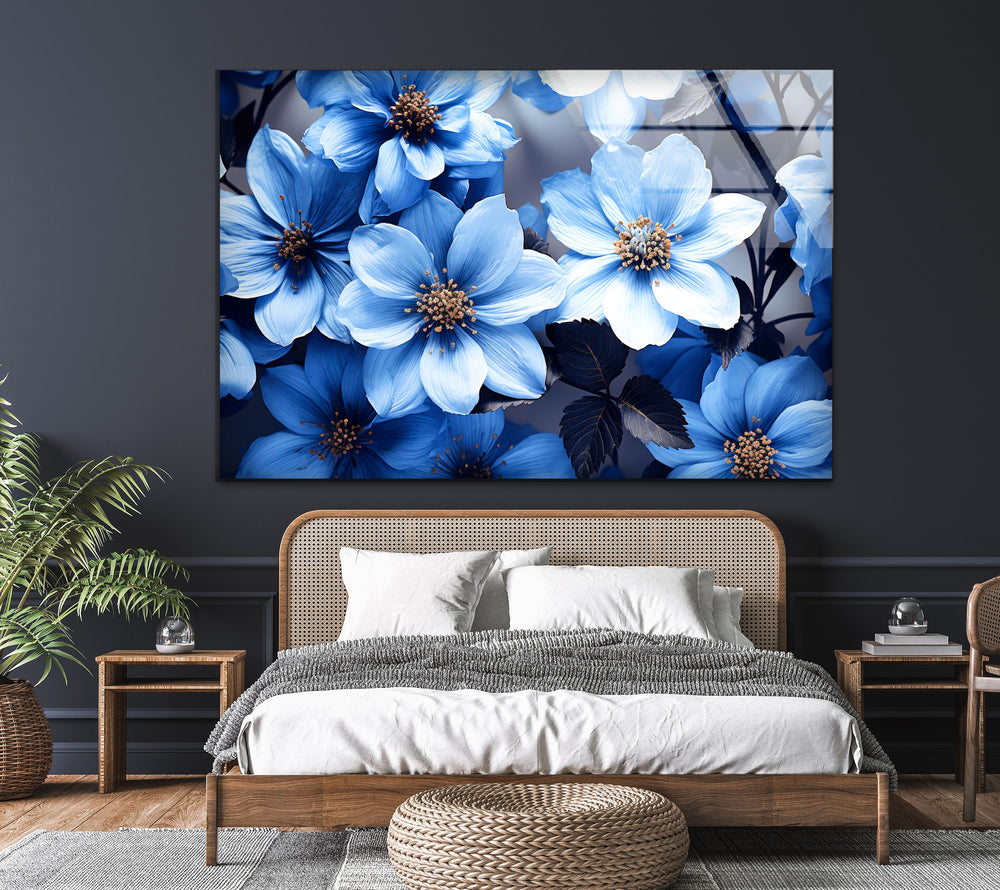 Botanical Blue Flower Glass Wall Art, picture on glass wall art, photos printed on glass