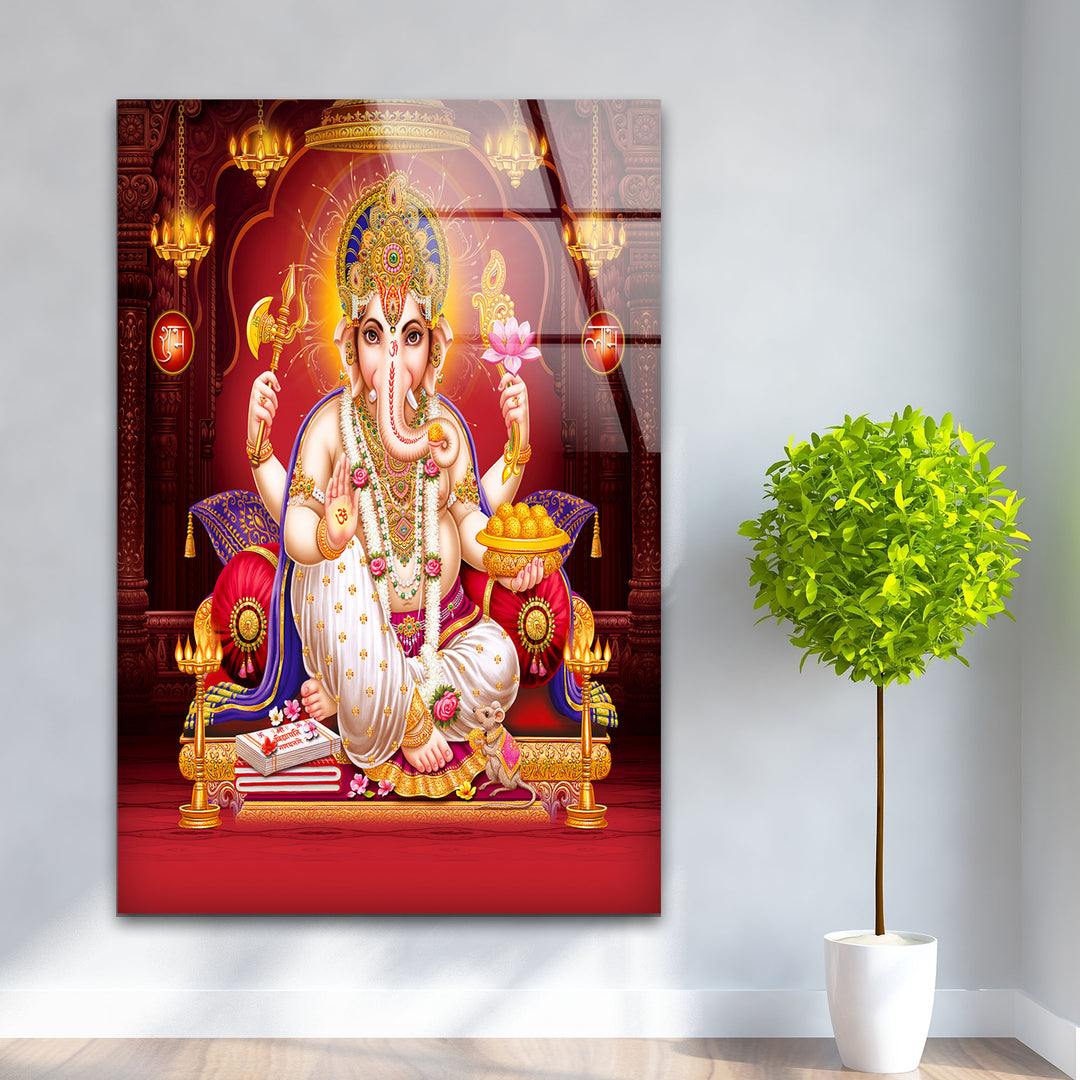 Red Lord Ganesha Glass Art for the Wall