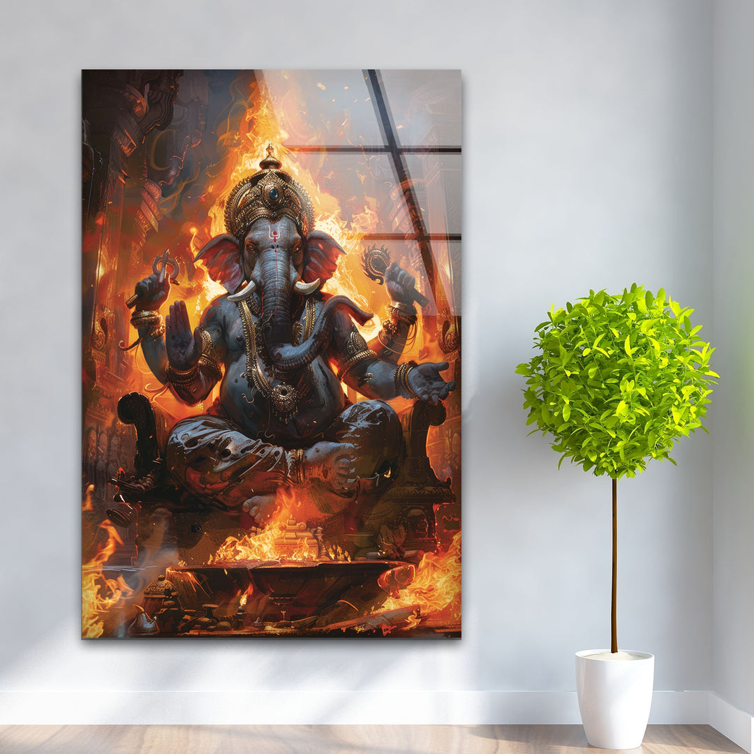 Ganesha with Fire Glass Picture Prints Collection