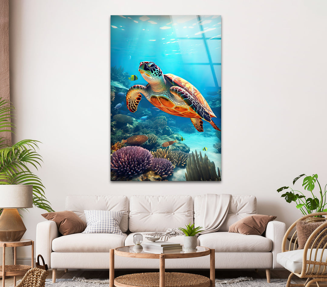 Aquatic Turtle Glass Wall Art print on glass, glass printed photos