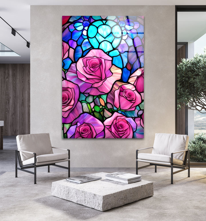 Pink Roses Stained Glass Wall Art, custom glass photo prints, large glass prints