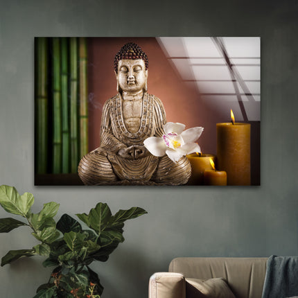 Buddha with Flower Glass Wall Art