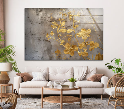 Abstract Gold Flowers Glass Wall Art