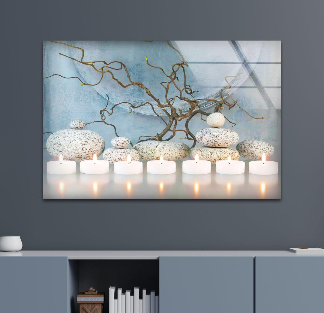 Candle With Zen Spa Stones Glass Wall Art