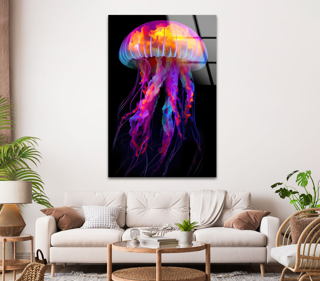 Neon Jellyfish Glass Wall Art large glass photo prints, glass wall photos