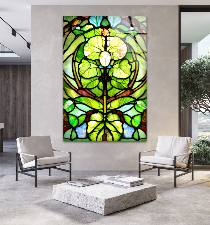 Stained Green Leaf Glass Wall Art, custom glass photo prints, large glass prints