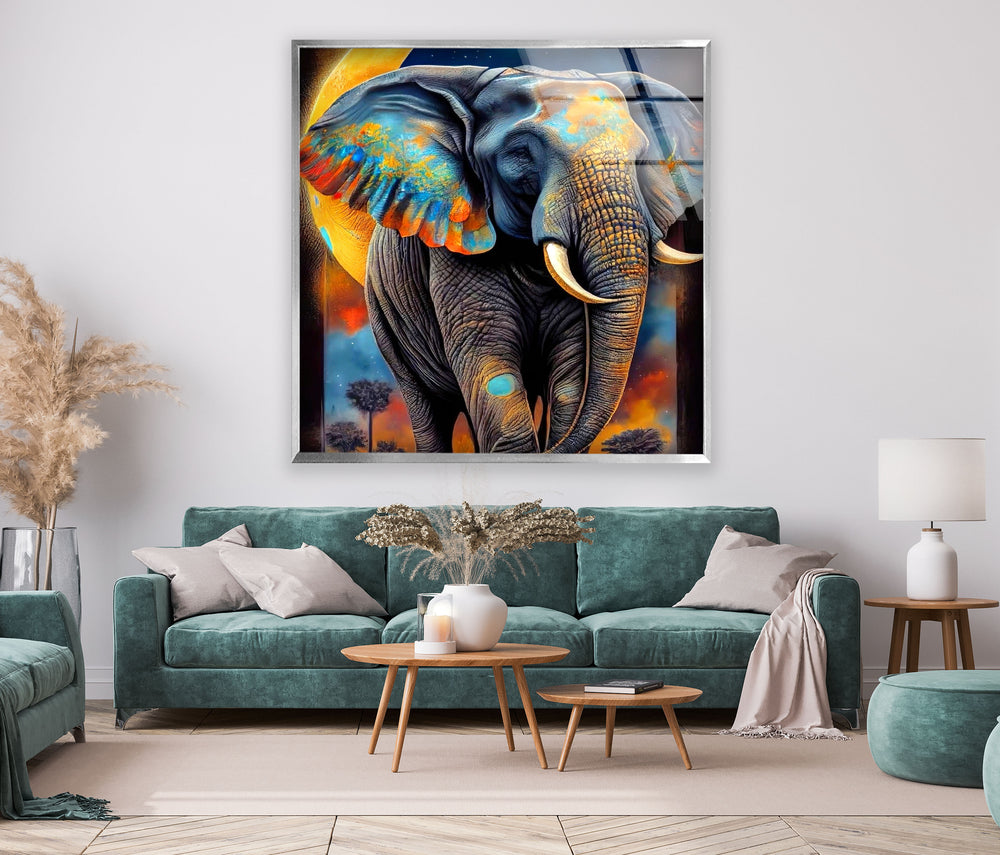 Elephant With Moon Glass Wall Art print picture on glass,Tempered Glass Wall Art