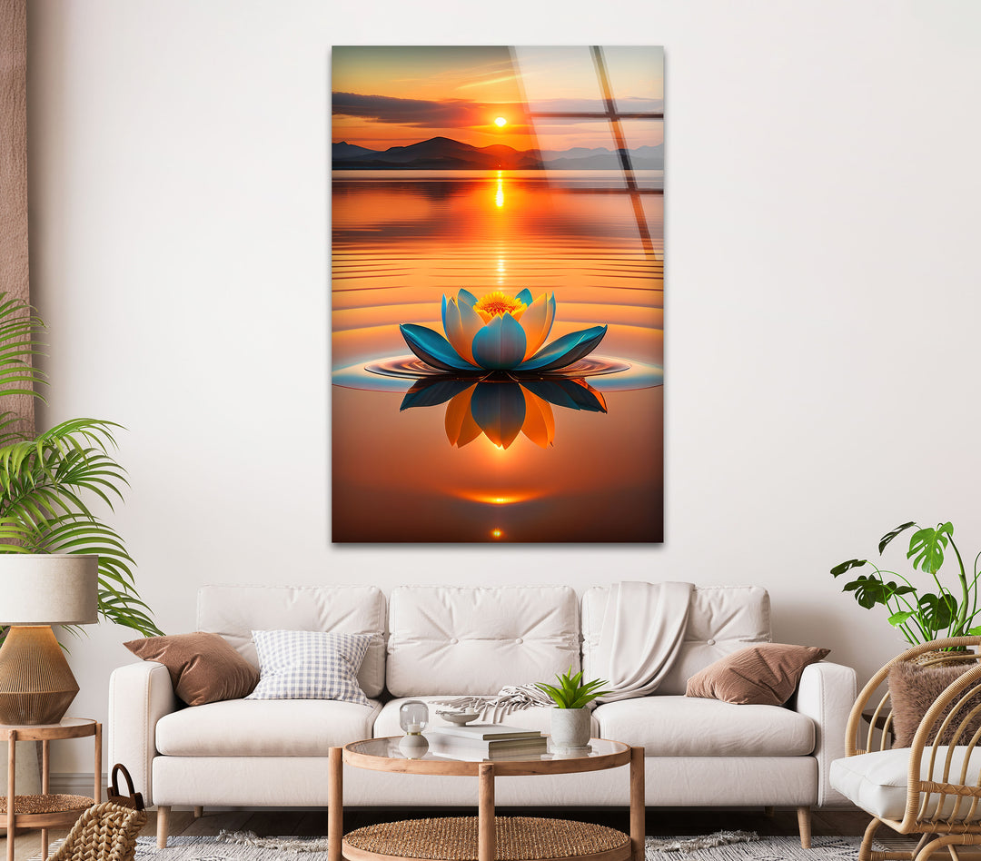 Lotus At Sunset Glass Wall Art, picture on glass wall art, photos printed on glass