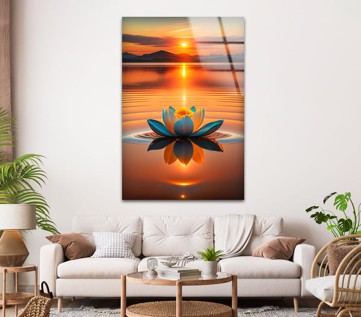 Lotus At Sunset Glass Wall Art, picture on glass wall art, photos printed on glass