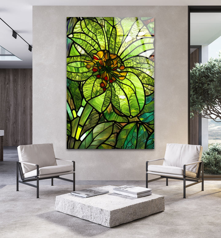 Green Flower Stained Glass Wall Art, stained glass wall art, stained glass wall decor